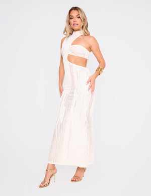 パーティードレス Asymmetrical Cut Out Long Dress Textured Asymmetric Cut Out Maxi Dress Cream | Public Desire