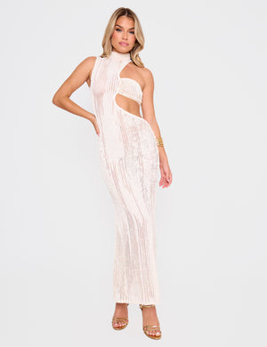 Textured Asymmetric Cut Out Maxi Dress Cream