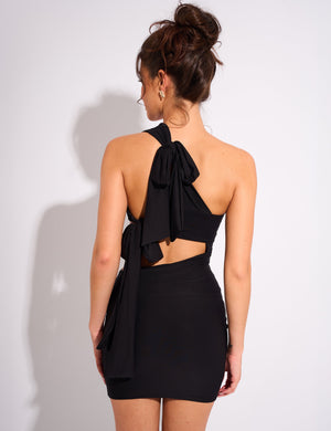 Cut Out Detail Tie Back Luxe Slinky Mini Dress Black