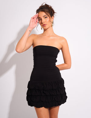 Tiered Ruffle Hem Bandeau Mini Dress Black