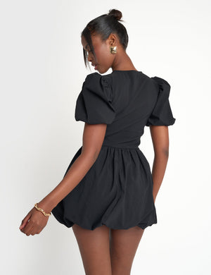 Cut Out Puff Sleeve Bubble Hem Mini Dress Black