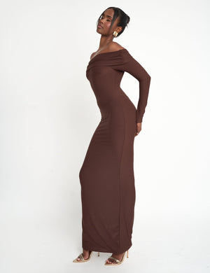 Slinky Bardot Maxi Dress Brown