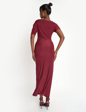 Slinky Ruched Detail Maxi Dress Burgundy