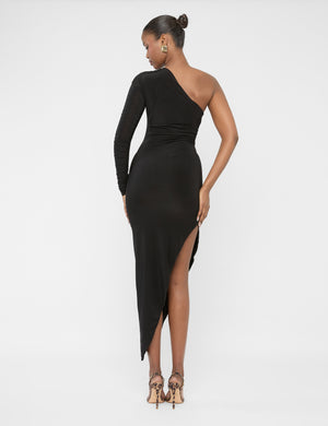 Ruched One Shoulder Maxi Dress Black