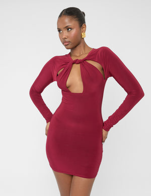 Twist Detail Plunge Mini Dress Burgundy