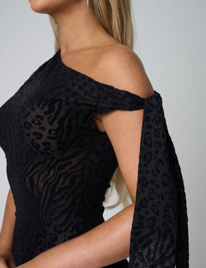 Knot Detail Asymmetric One Shoulder Maxi Dress Devore Leopard Black