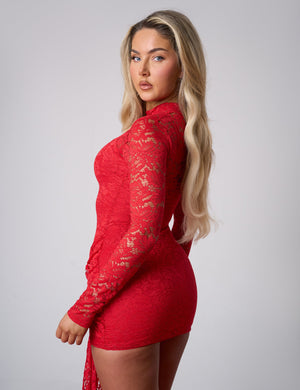 Lace Detail High Neck Knot Detail Mini Dress Red