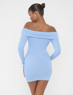 Long Sleeve Off The Shoulder Bardot Mini Dress Blue