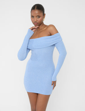 Long Sleeve Off The Shoulder Bardot Mini Dress Blue