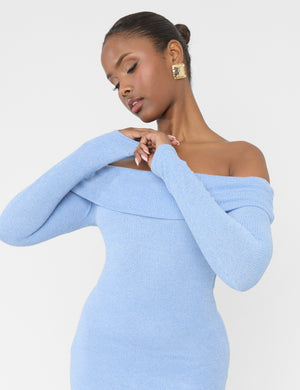 Long Sleeve Off The Shoulder Bardot Mini Dress Blue