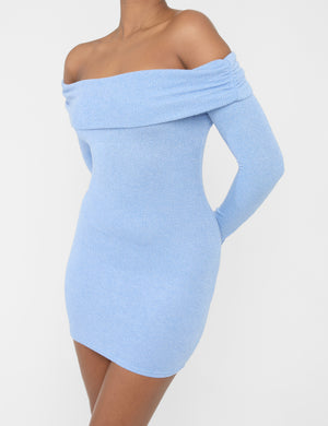 Long Sleeve Off The Shoulder Bardot Mini Dress Blue