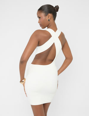 Cross Over Back Detail Luxe Slinky Mini Dress White