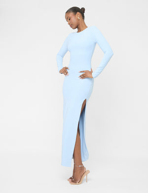 Long Sleeve Side Leg Split Luxe Slinky Maxi Dress Blue