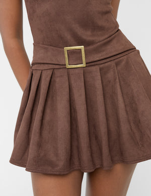 Suedette Buckle Detail Pleated Mini Dress Brown