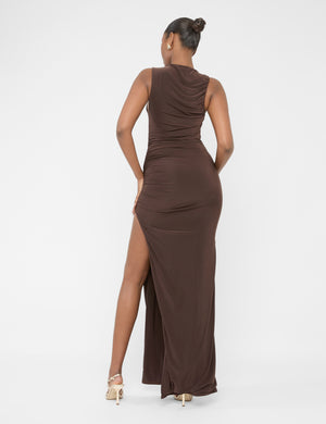 High Neck Ruched Detail Maxi Dress Chocolate