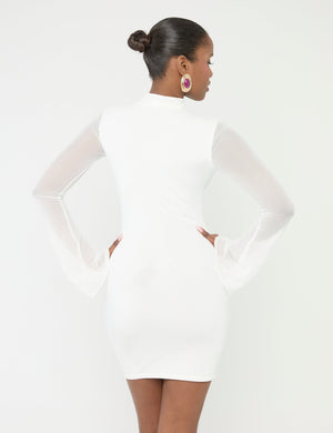 Mesh High Neck Long Sleeve Mini Dress White