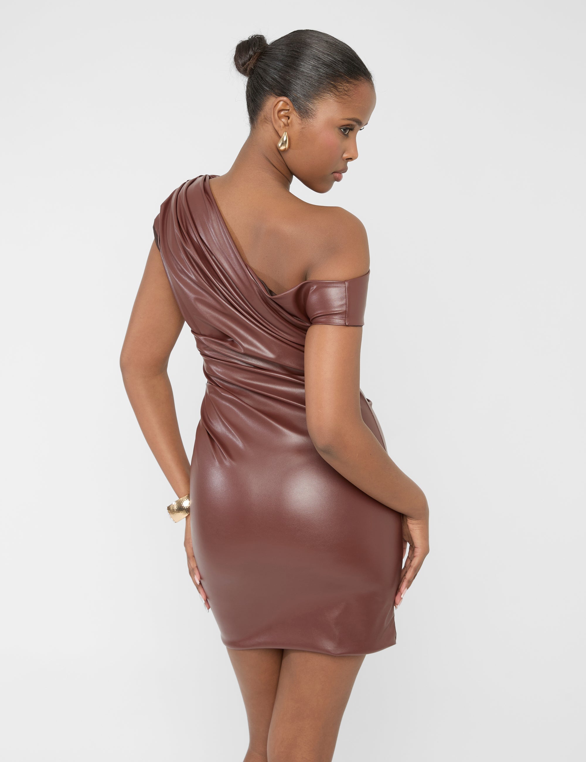 One Shoulder Ruched Detail Faux Leather Mini Dress Brown