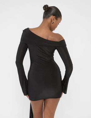 Knot Drape Detail Slinky Long Sleeve Mini Dress Black