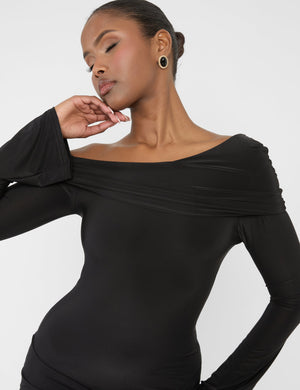 Knot Drape Detail Slinky Long Sleeve Mini Dress Black