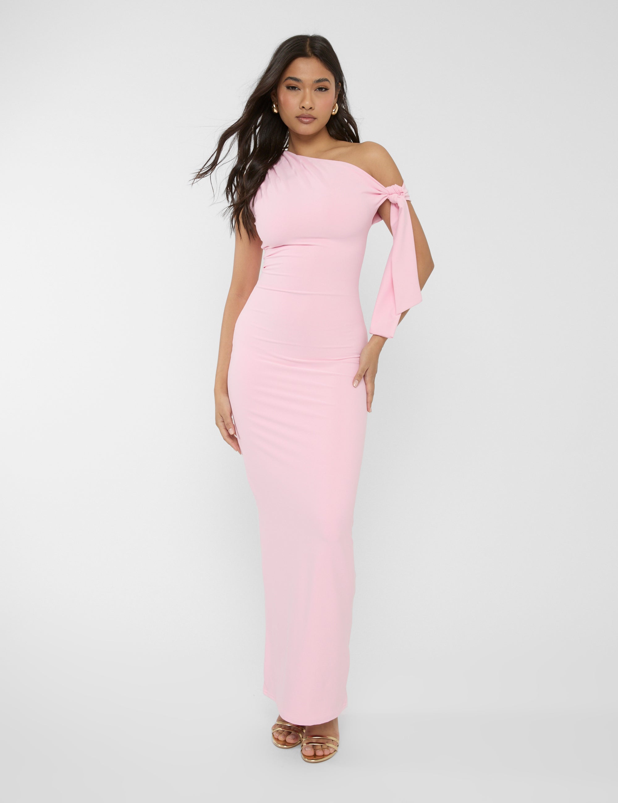 ワンピース ASYMMETRIC DRESS WITH KNOT Knot Detail Asymm One Shoulder Luxe Slinky Maxi Dress Stone