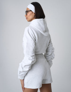 Ruched Sleeve Zip Up Cropped Hoodie Grey Marl