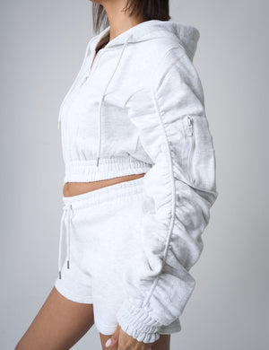 Ruched Sleeve Zip Up Cropped Hoodie Grey Marl