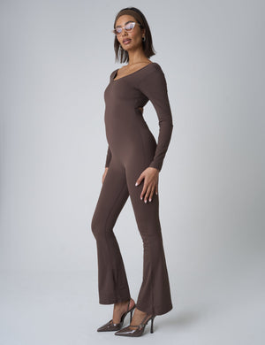 Cut Out Back Detail Long Sleeve Jumpsuit Beige