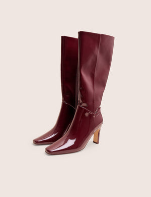 Pose Burgundy Hi Shine Zip Up Knee High Slim Block Heeled Boots
