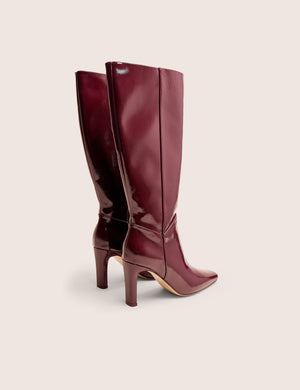 Pose Burgundy Hi Shine Zip Up Knee High Slim Block Heeled Boots