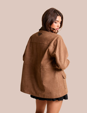 Contrast Collar Faux Suede Barn Jacket Brown
