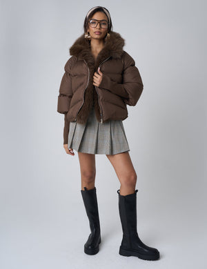 Faux Fur Trim Hooded Puffer Coat Chocolate