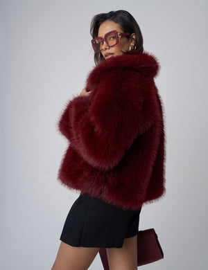 Oversized Collar Faux Fur Jacket Burgundy