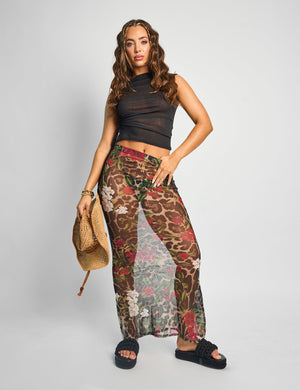 Printed Mesh Maxi Skirt Multi