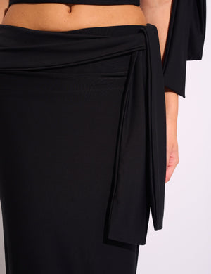 Knot Detail Luxe Slinky Maxi Skirt Black