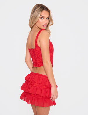 Square Neck Lace Up Dipped Hem Corset Red