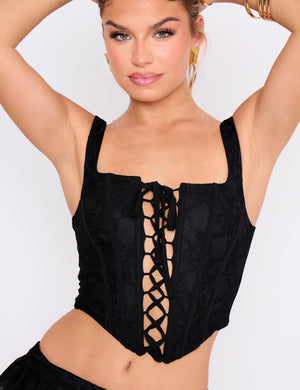 Square Neck Lace Up Dipped Hem Corset Black