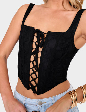 Square Neck Lace Up Dipped Hem Corset Black
