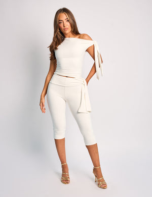 Knot Detail Asymmetric One Shoulder Luxe Slinky Top White