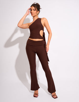 Tie Back Luxe Slinky One Shoulder Top Chocolate