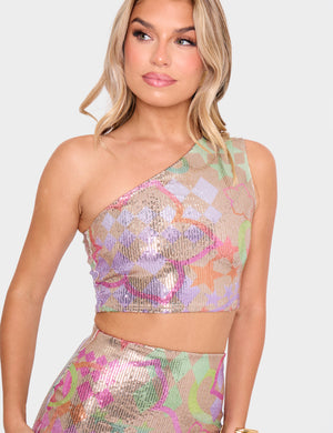 Sequin Printed One Shoulder Top Multi