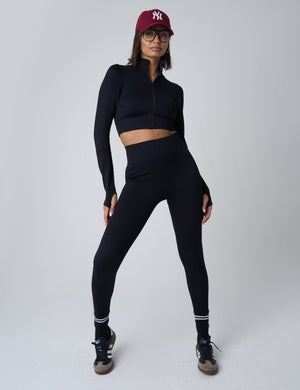 Ribbed Cropped Zip Long Sleeve Top Black