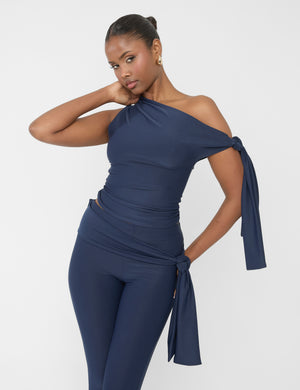 Knot Detail Asymmetric One Shoulder Luxe Slinky Top Navy