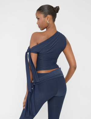 Knot Detail Asymmetric One Shoulder Luxe Slinky Top Navy