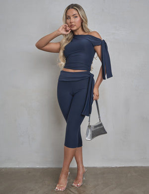 Knot Detail Asymmetric One Shoulder Luxe Slinky Top Navy