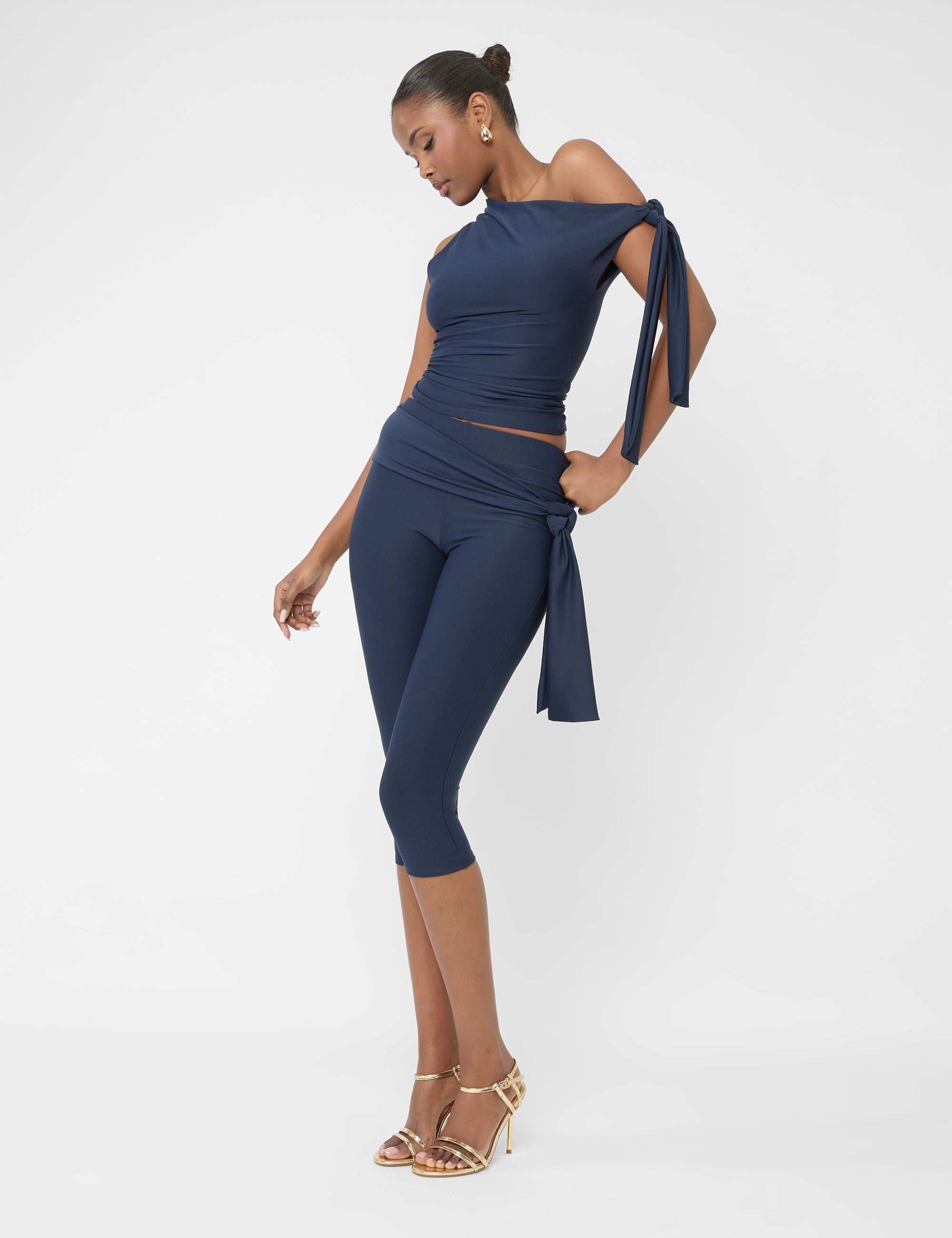 Knot Detail Asymmetric One Shoulder Slinky Top Navy | Public