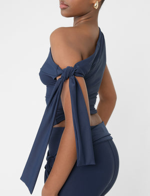 Knot Detail Asymmetric One Shoulder Luxe Slinky Top Navy