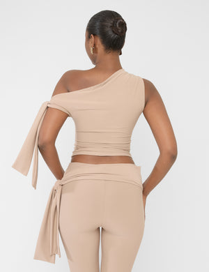 Knot Detail Asymmetric One Shoulder Luxe Slinky Top Latte