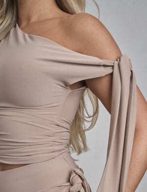 Knot Detail Asymmetric One Shoulder Luxe Slinky Top Latte