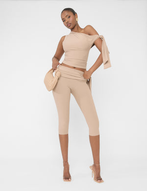 Knot Detail Asymmetric One Shoulder Luxe Slinky Top Latte