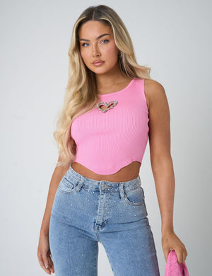 Diamante Heart Trim Crop Top Pink